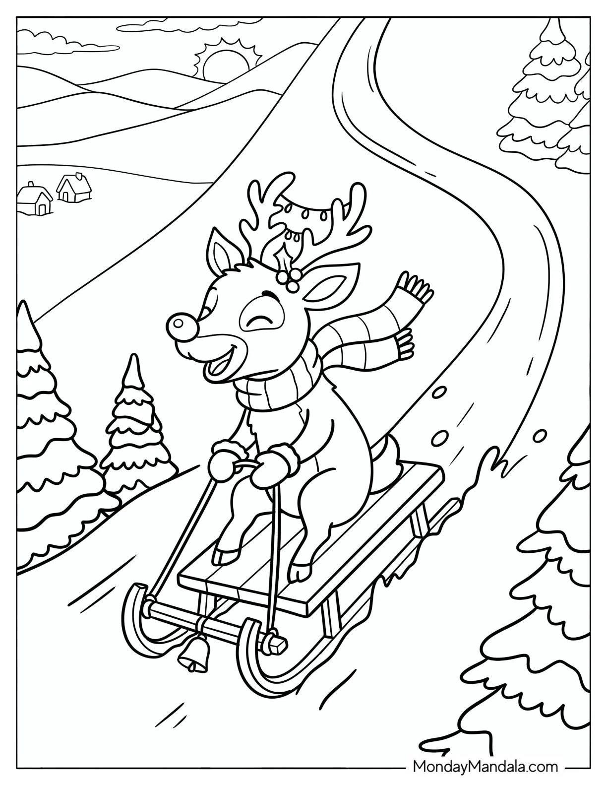 Rudolph Enjoying a Sled Ride Coloring Page coloring page