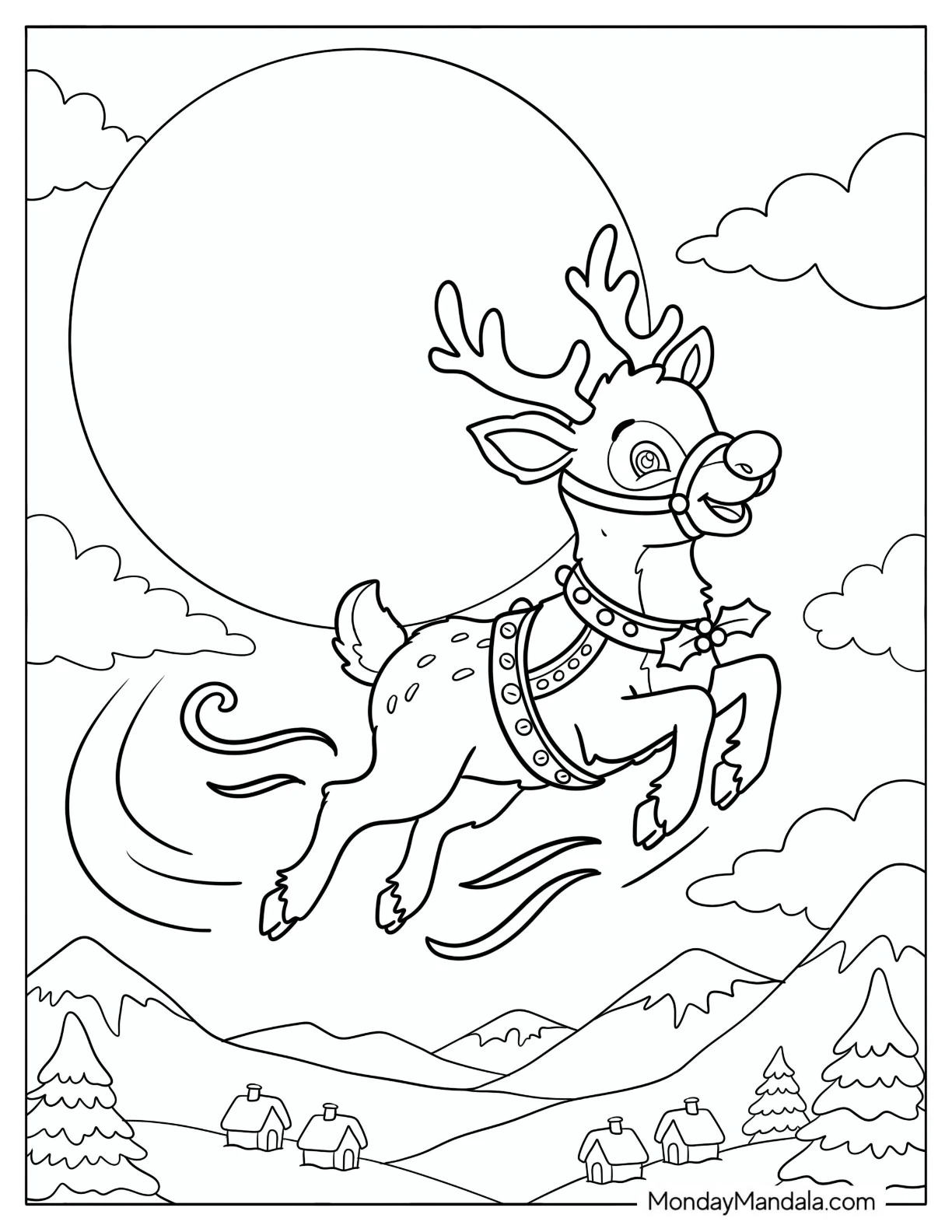 Rudolph Flying in Front of a Full Moon Coloring Page for Kids coloring page