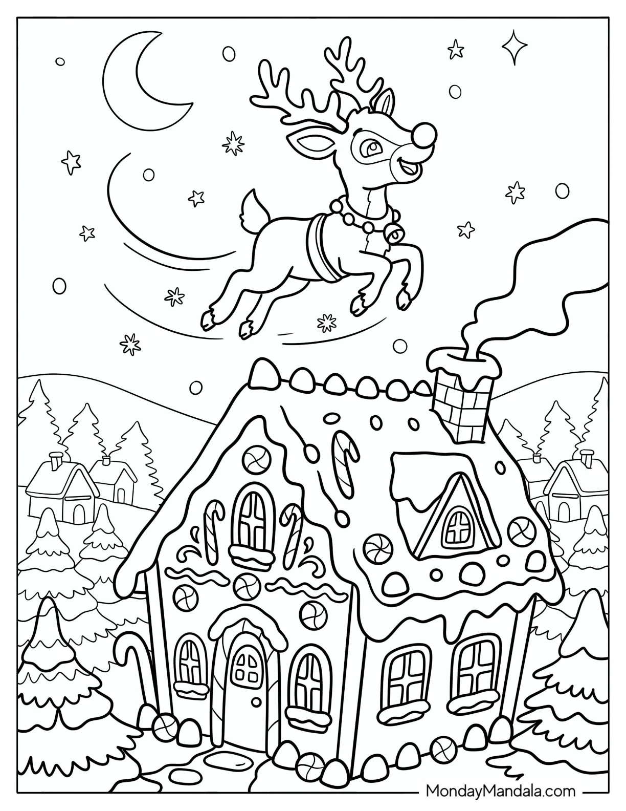 Rudolph Flying Over a Gingerbread House Coloring Sheet coloring page