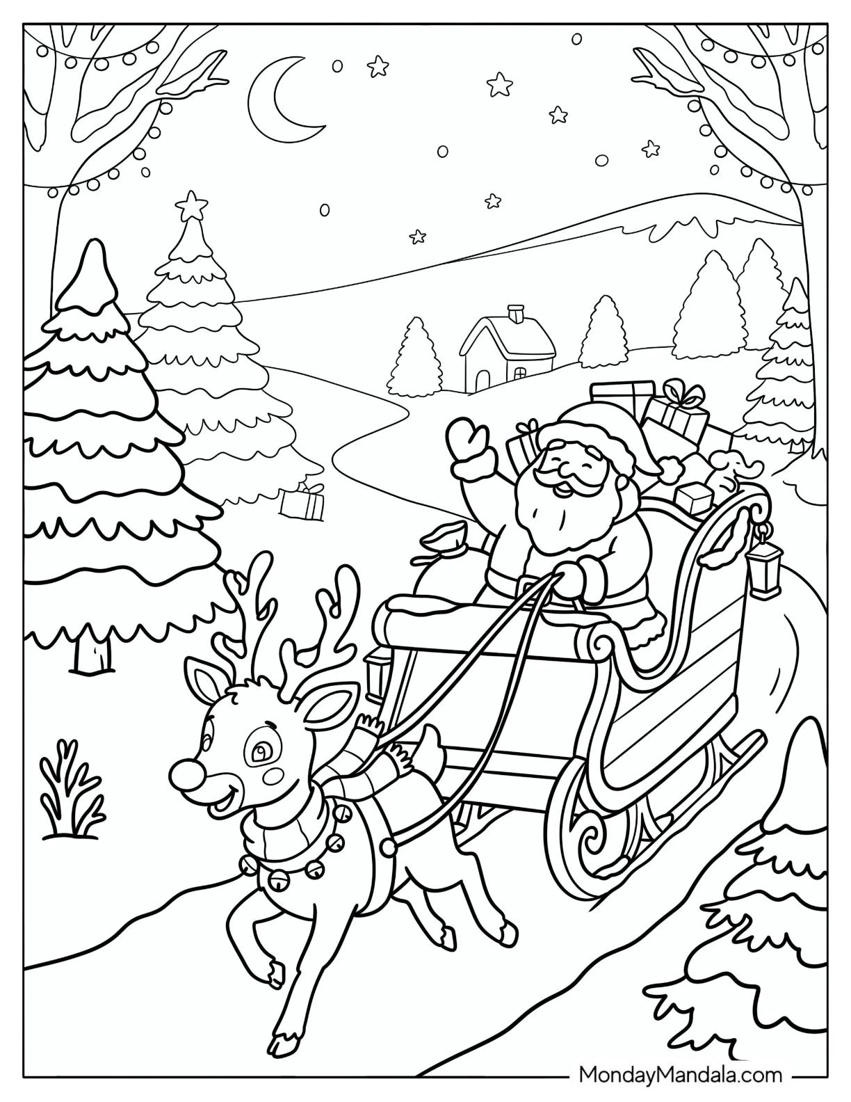 Rudolph Pulling Santa s Sleigh on Christmas Coloring Page coloring page