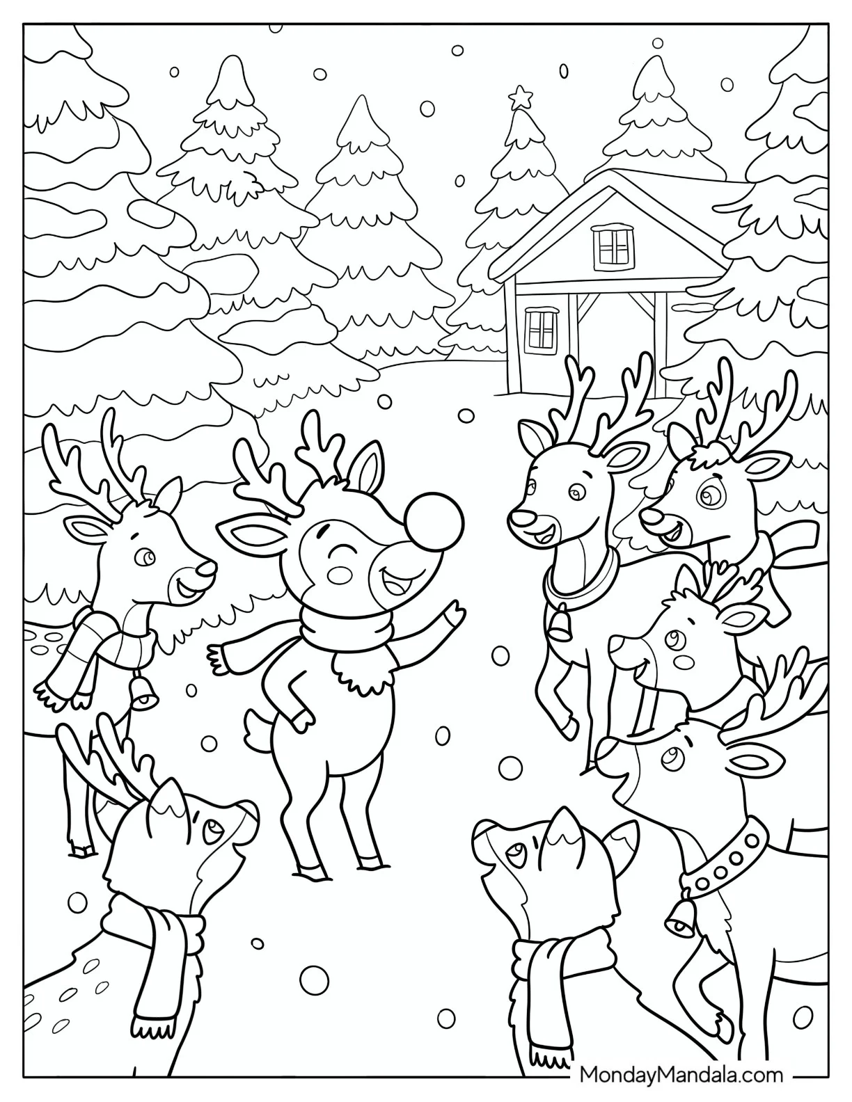 Rudolph Showing Off His Red Nose to Other Reindeers coloring page