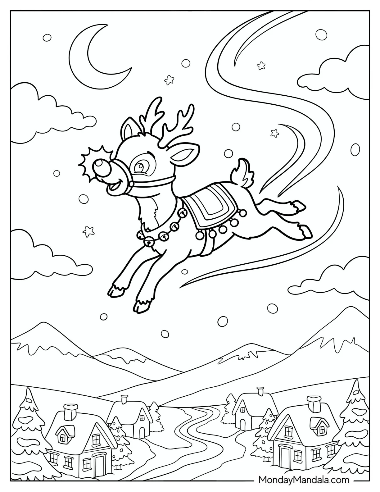 Rudolph the Red Nosed Reindeer in the Night Sky Coloring Sheet coloring page