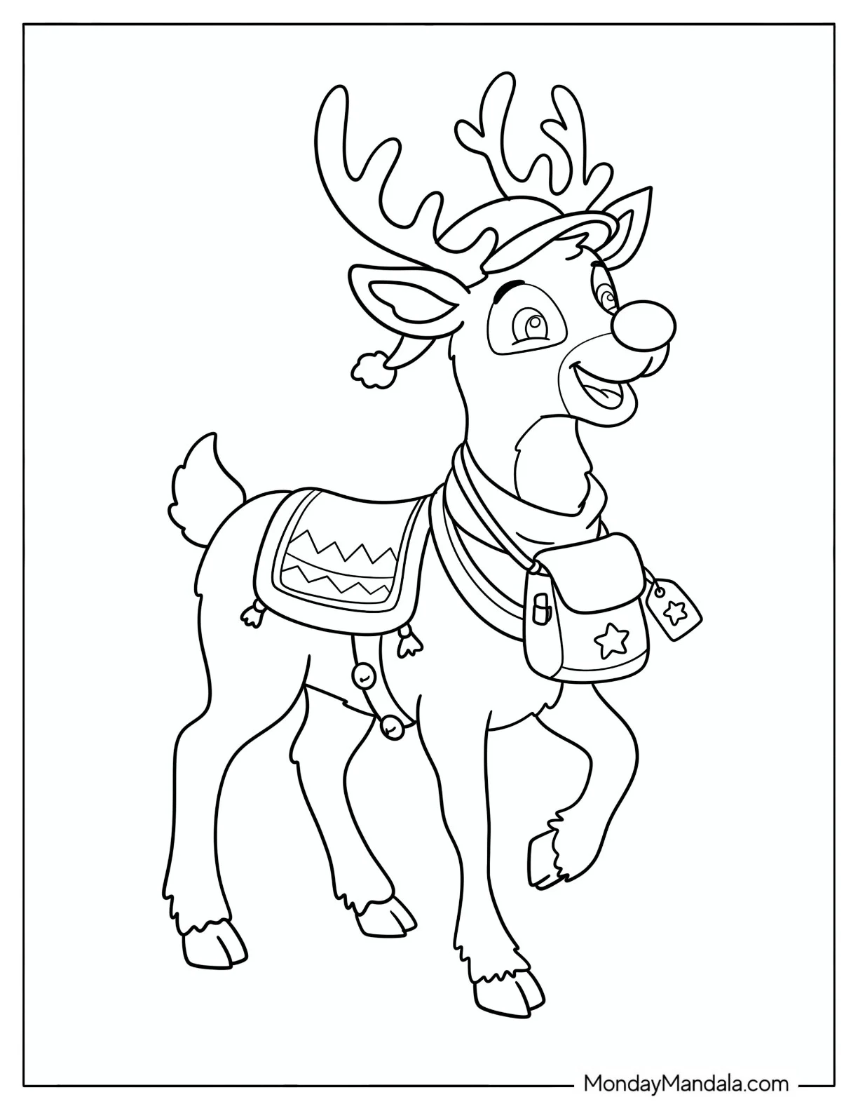 Rudolph with Santa Hat and Messenger Bag Coloring Sheet for Kids coloring page