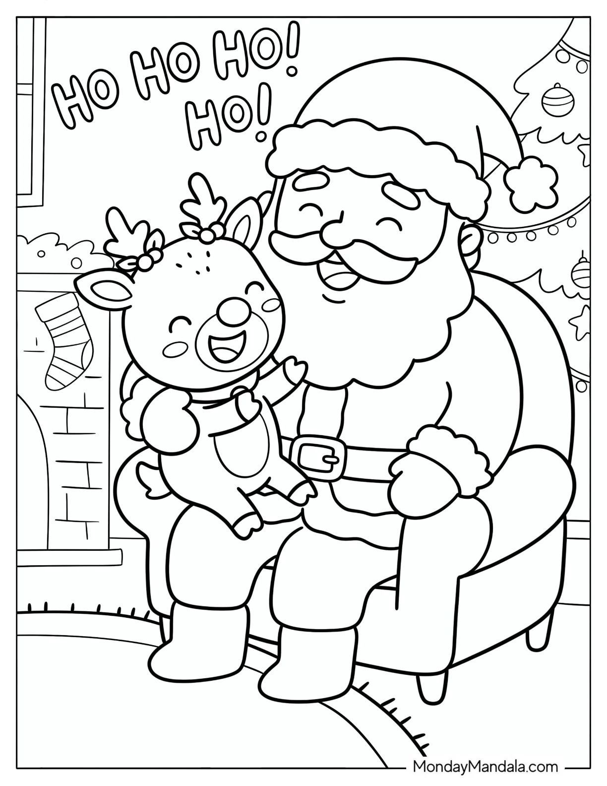 Santa Laughing with Baby Rudolph Coloring Page for Kids coloring page