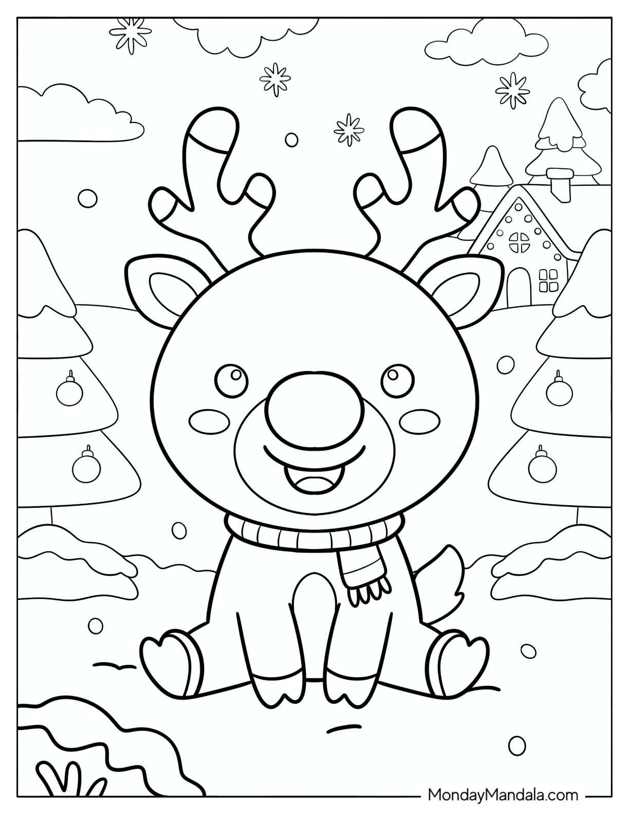 Simple Rudolph with Scarf Sitting on the Snow Coloring Page for Preschoolers coloring page