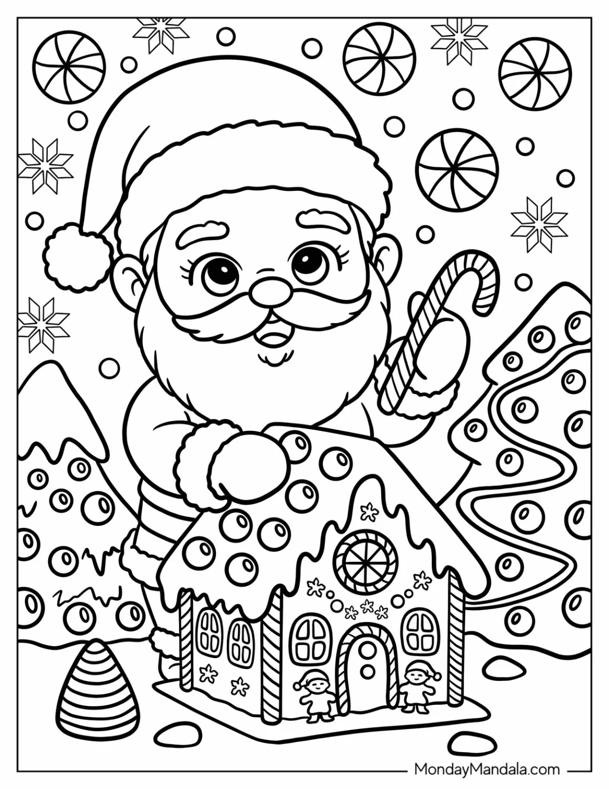 Adorable Santa Coloring Page Standing Next to Candy Covered Gingerbread House coloring page