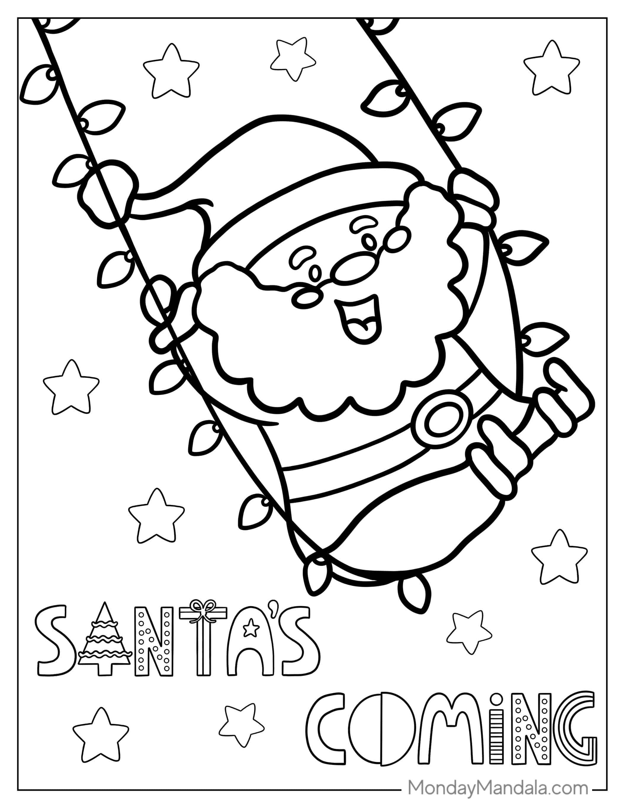 Cute Santa Swinging On Lights To Color coloring page — printable line art