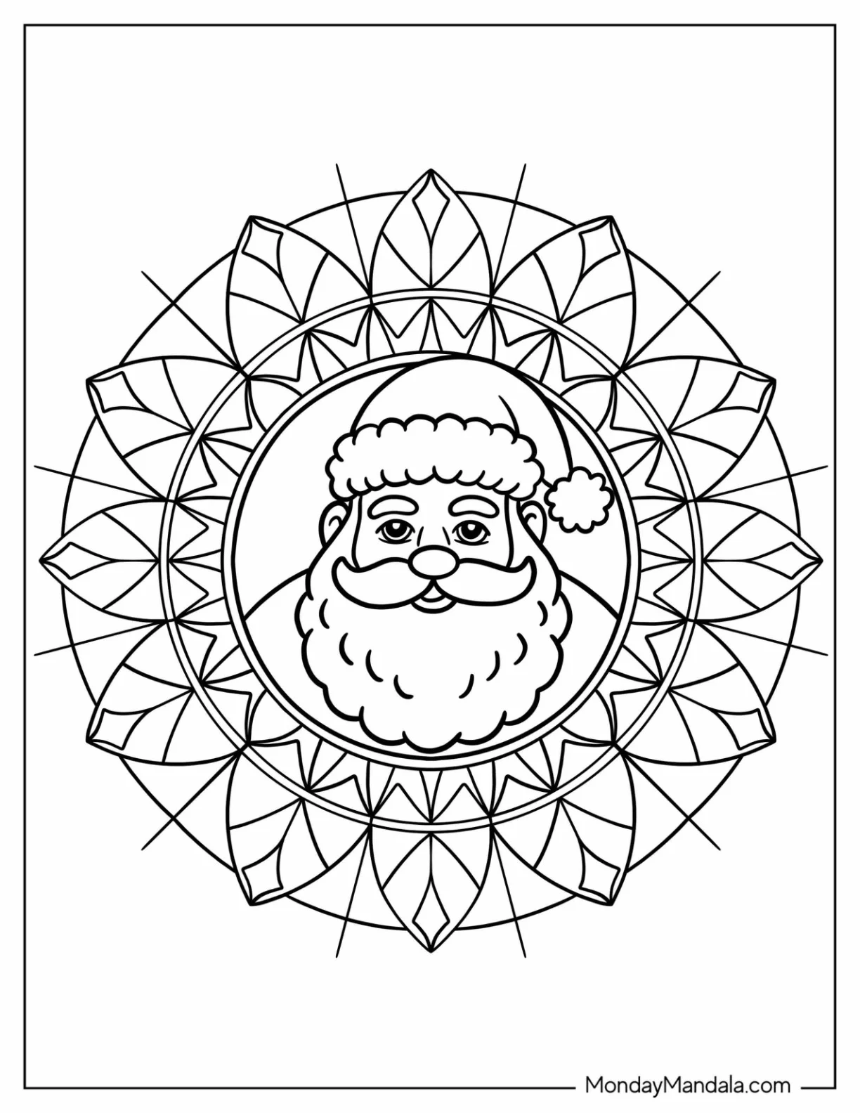 Geometric Mandala with Classic Santa Portrait Coloring Sheet for Kids coloring page