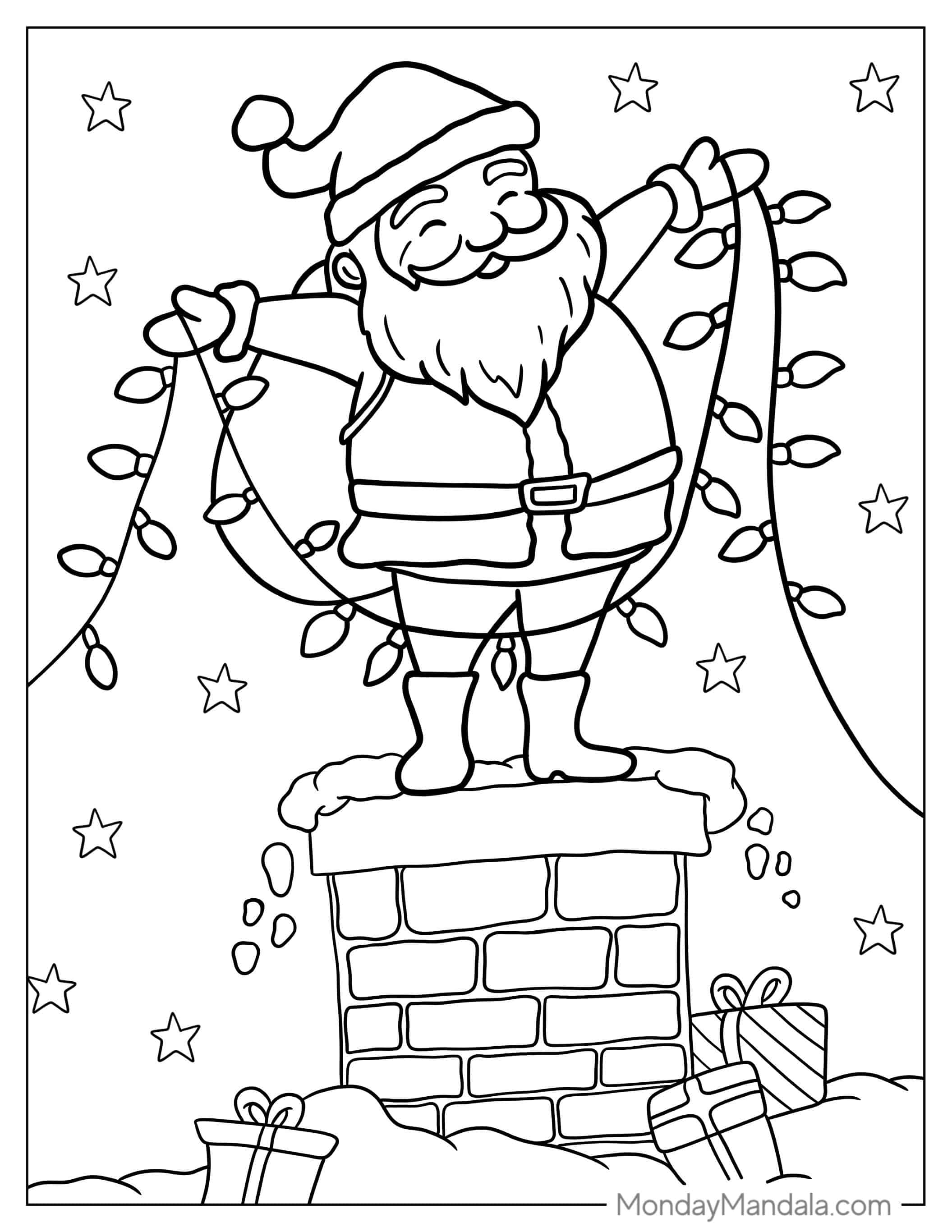Jolly Santa Haning Up Christmas Lights To Color coloring page