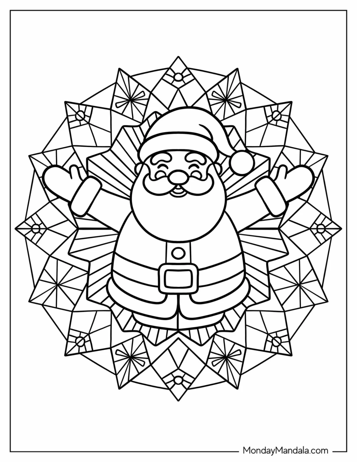 Joyful Santa with Snowflake Mandala Background coloring page