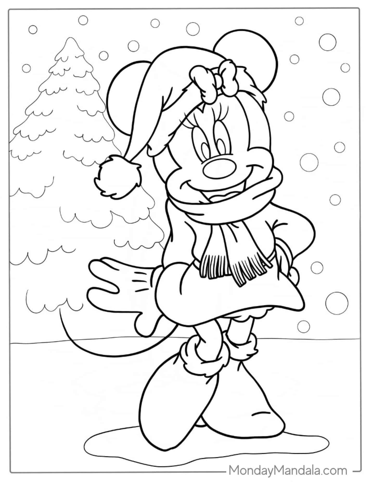 Minnie Mouse Wearing Santa Hat In Snow To Color coloring page