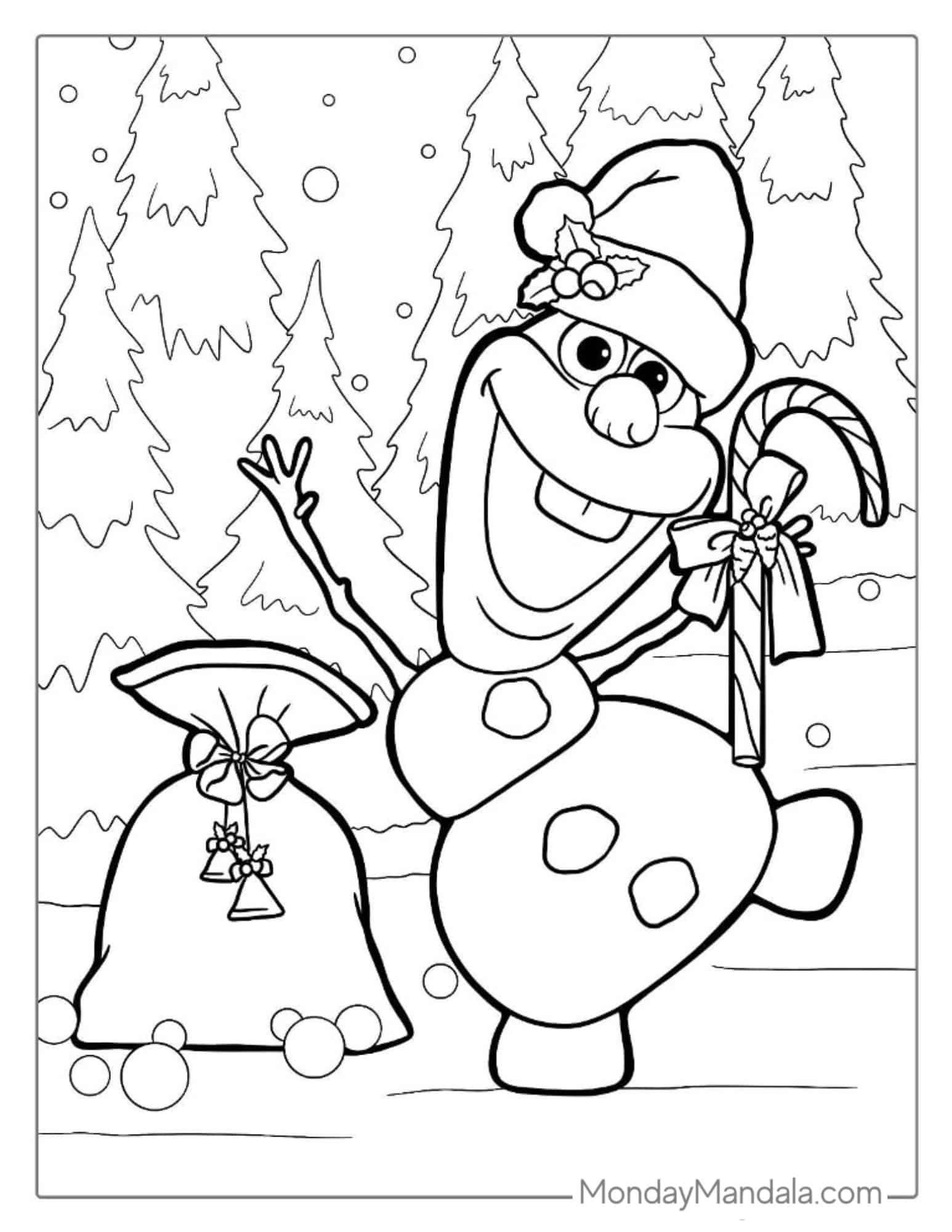 Olaf Wearing Santa Hat With Candy Cane To Color coloring page