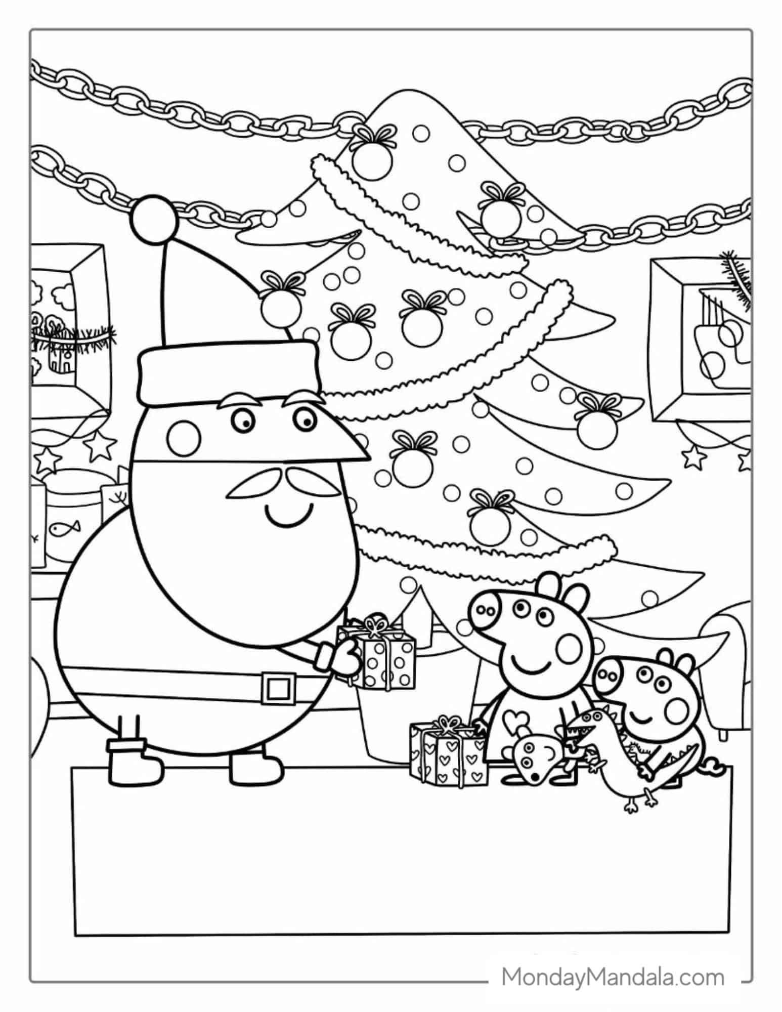 Peppa Pig And George With Santa At Christmas coloring page — printable line art