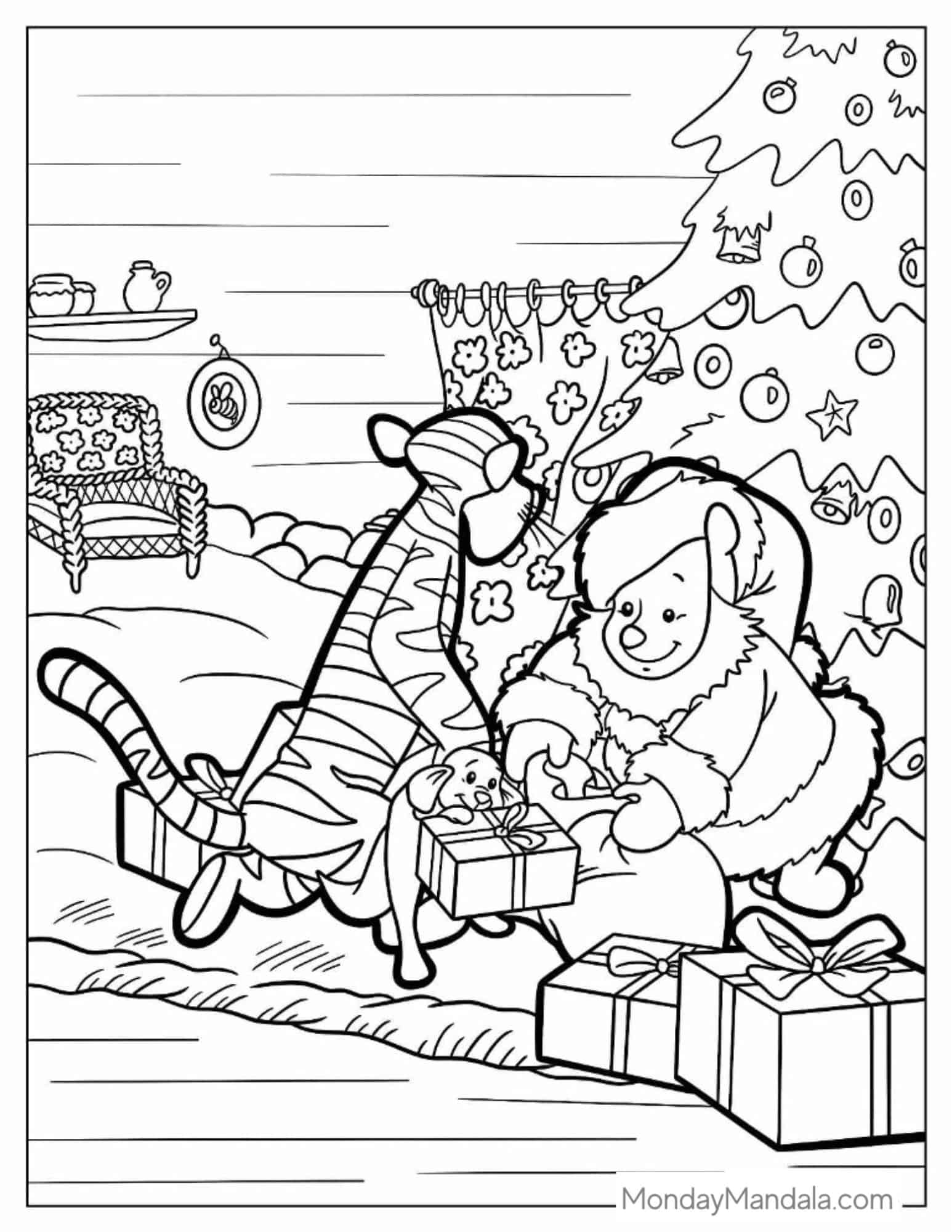 Pooh Dressed As Santa With Christmas Tree coloring page
