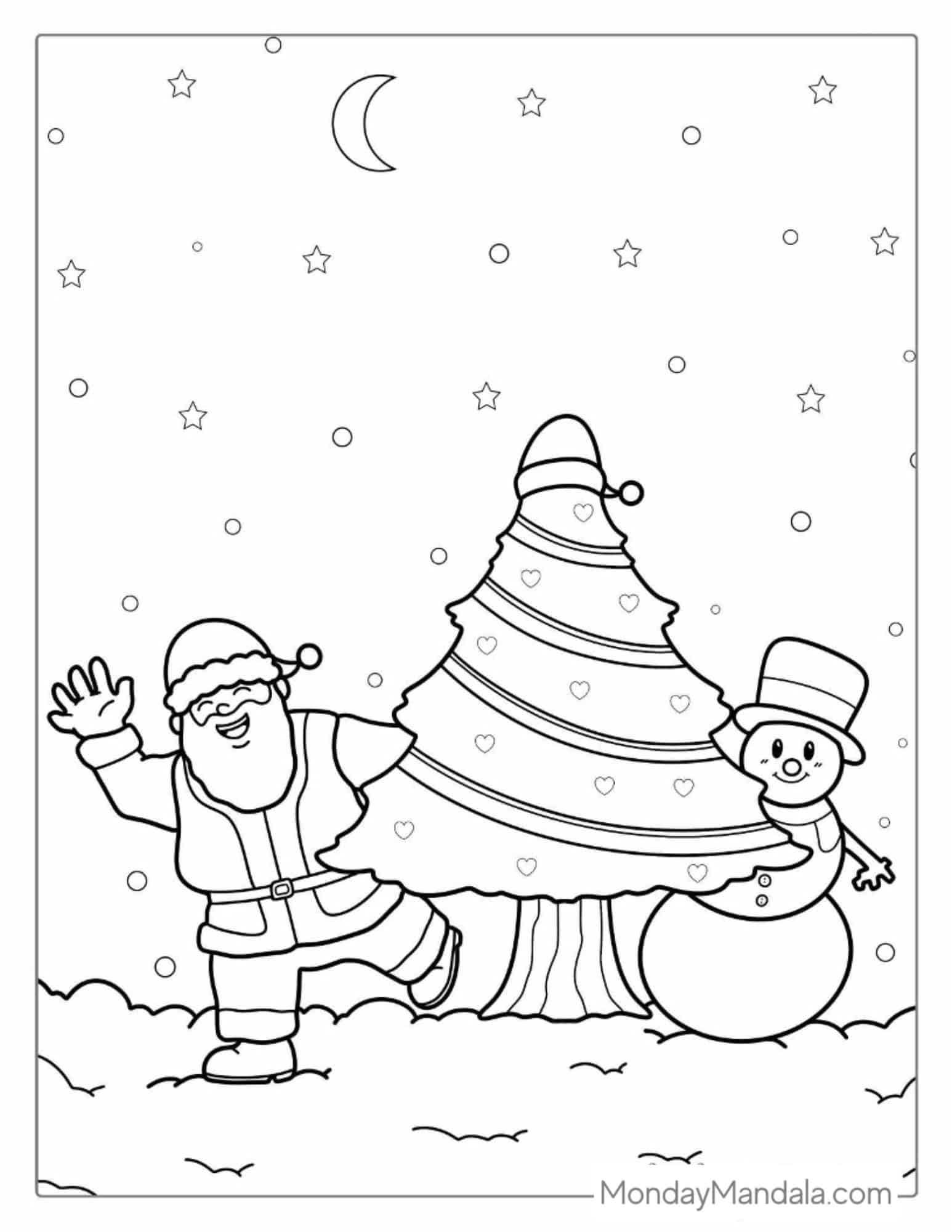 Santa And a Snowman With Christmas Tree coloring page