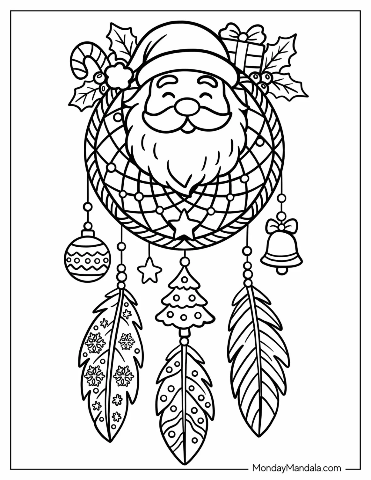 Santa Christmas Dreamcatcher with Ornaments and Holly Coloring Page for Kids coloring page