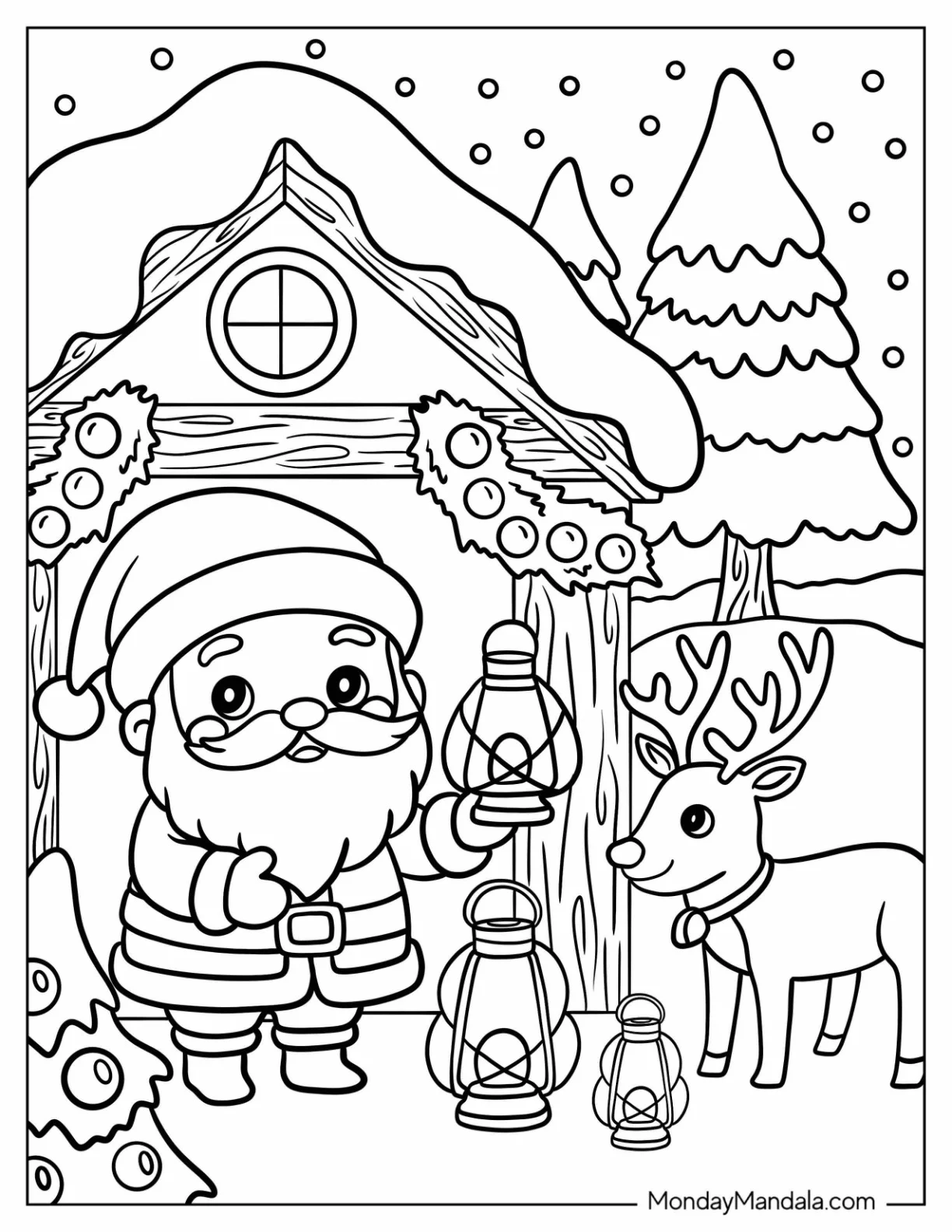 Santa Claus Holding Lantern Outside Snowy Cabin with Reindeer Coloring Page for Kids coloring page