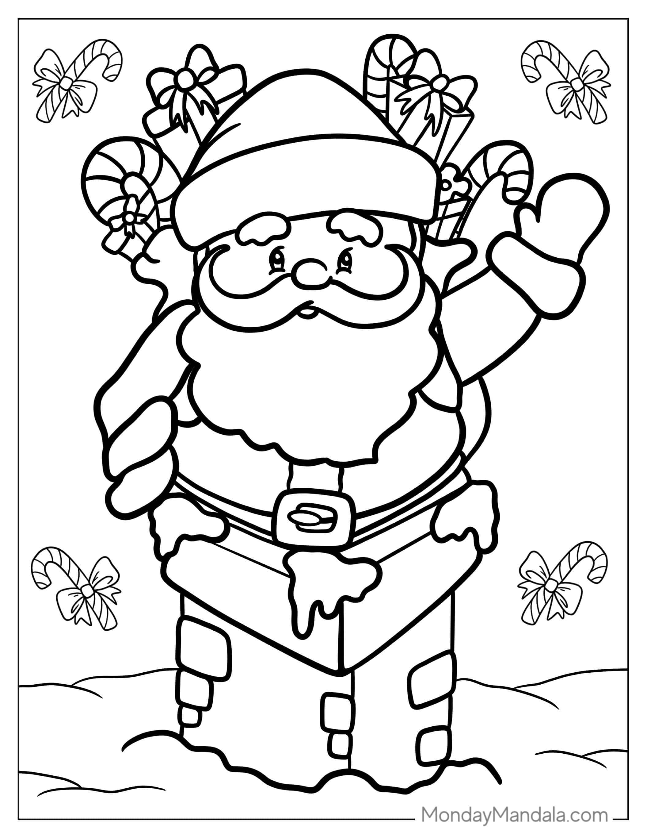 Santa Claus Squeezing Into Brick Chimney To Color coloring page