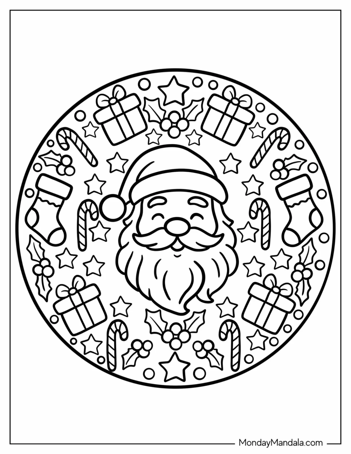 Santa Claus Surrounded by Gifts, Candy Canes, and Stockings Coloring Sheet for Preschoolers coloring page