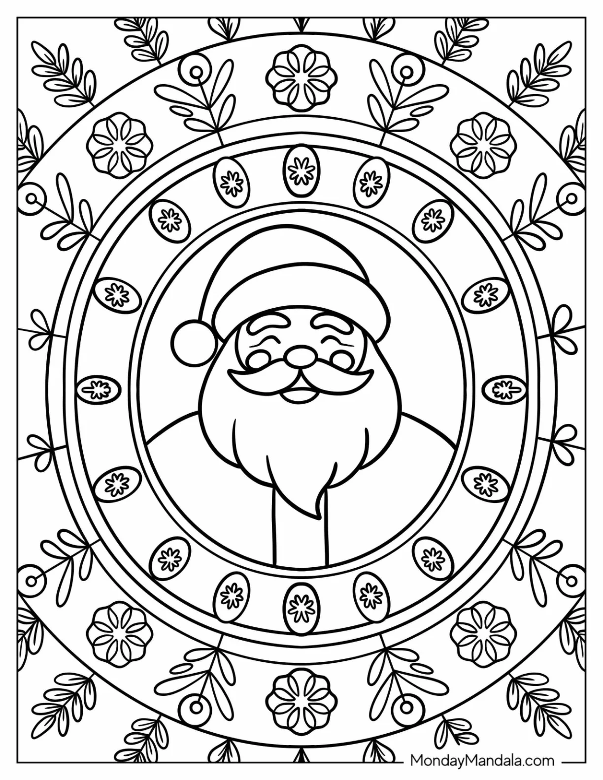 Santa Claus Surrounded by Holiday Flowers and Leaves Coloring Sheet coloring page