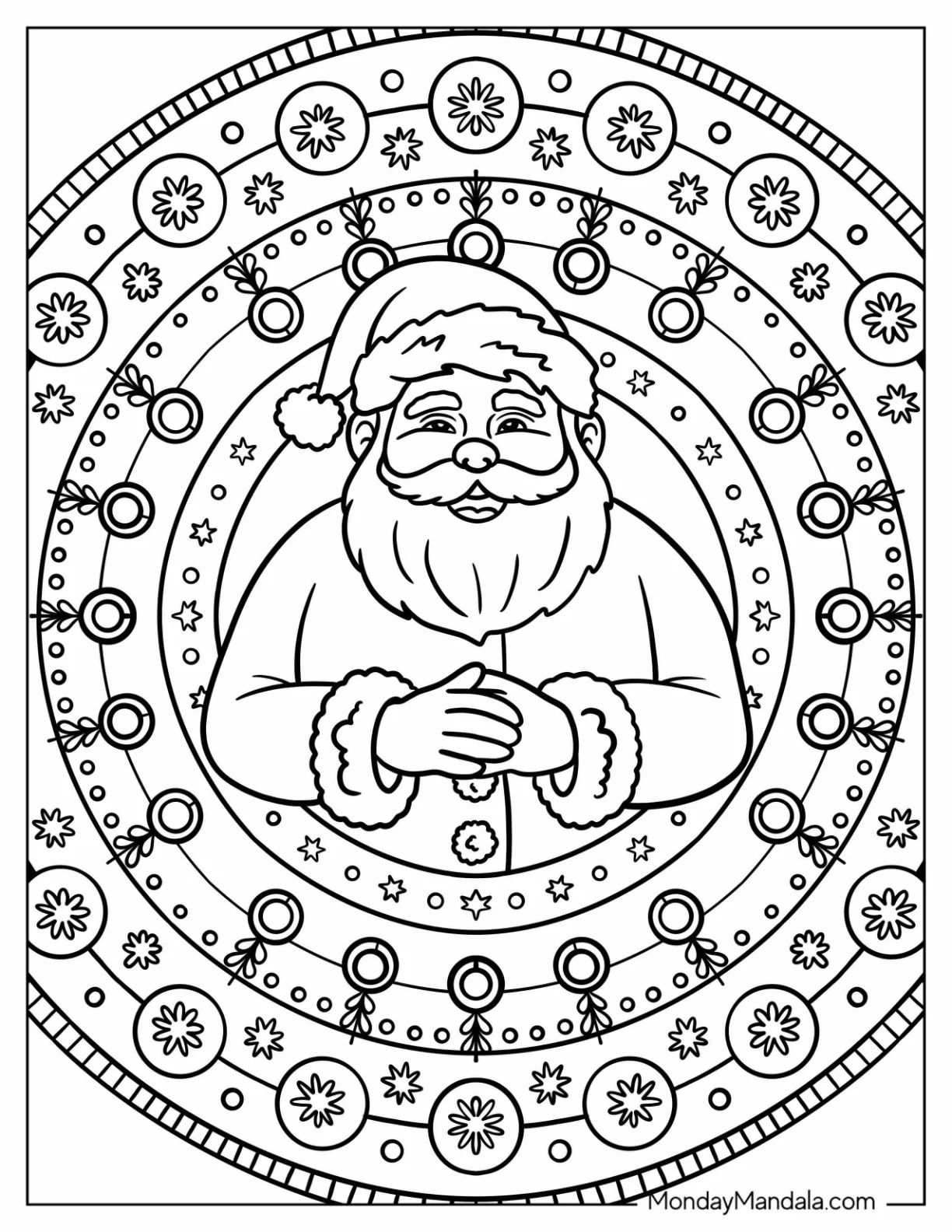 Santa Claus Surrounded by Holiday Ornaments in Circular Mandala Coloring Page coloring page