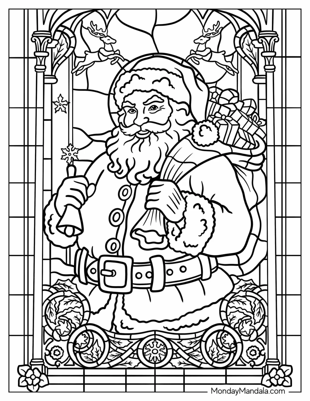 Santa Claus with Gifts and Reindeer Stained Glass coloring page