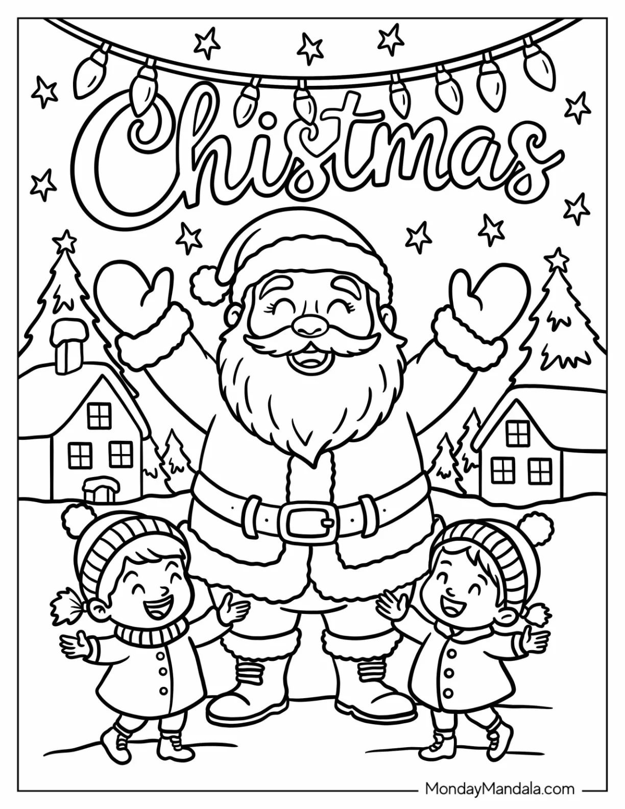 Santa Coloring Page of Celebrating Christmas with Children in Snowy Village coloring page