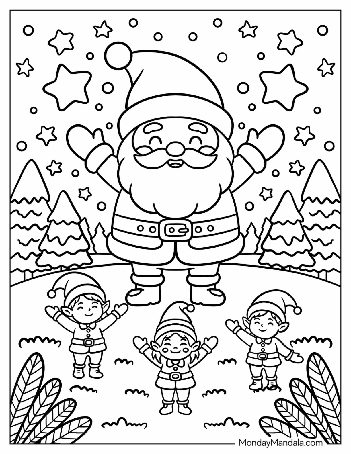 Santa Coloring Page of Claus and Christmas Elves Celebrating Under Starry Sky for Kids coloring page