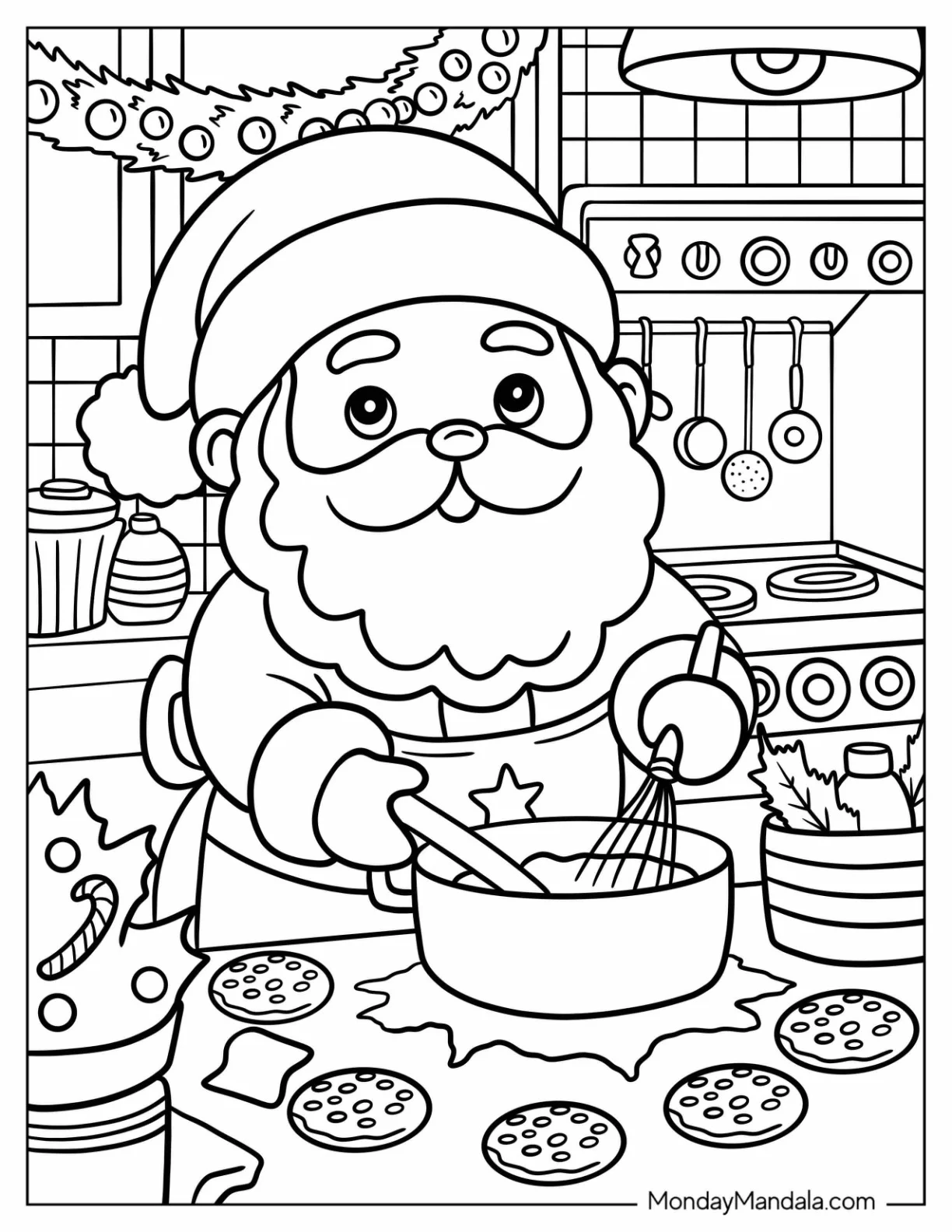 Santa Coloring Page of Claus Baking Christmas Cookies in Festive Kitchen coloring page