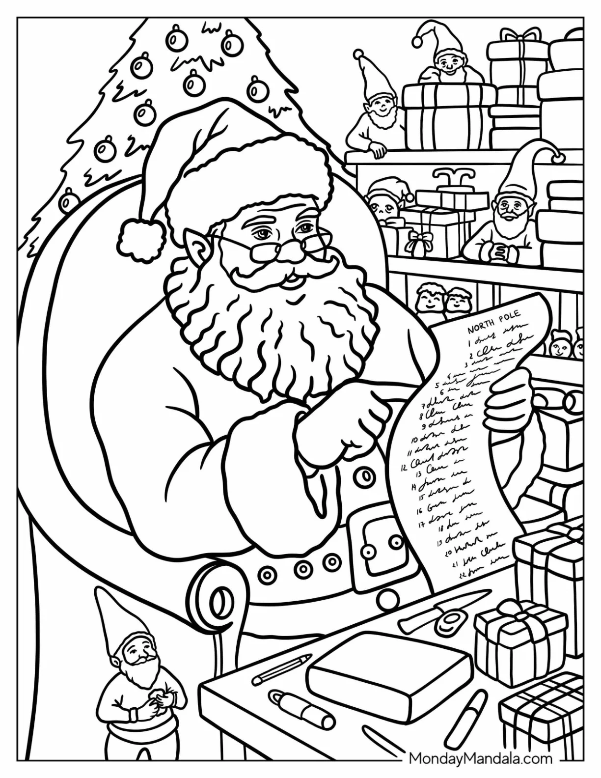 Santa Coloring Page of Claus Checking the Nice List in His Workshop coloring page