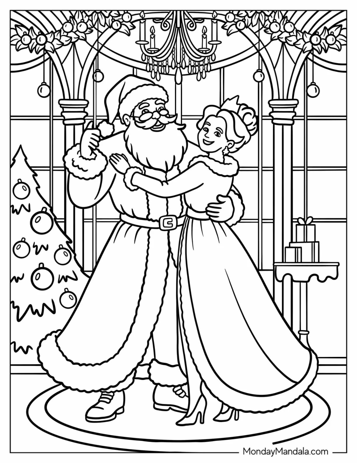 Santa Coloring Page of Claus Dancing with Mrs. Claus in Festive Ballroom coloring page