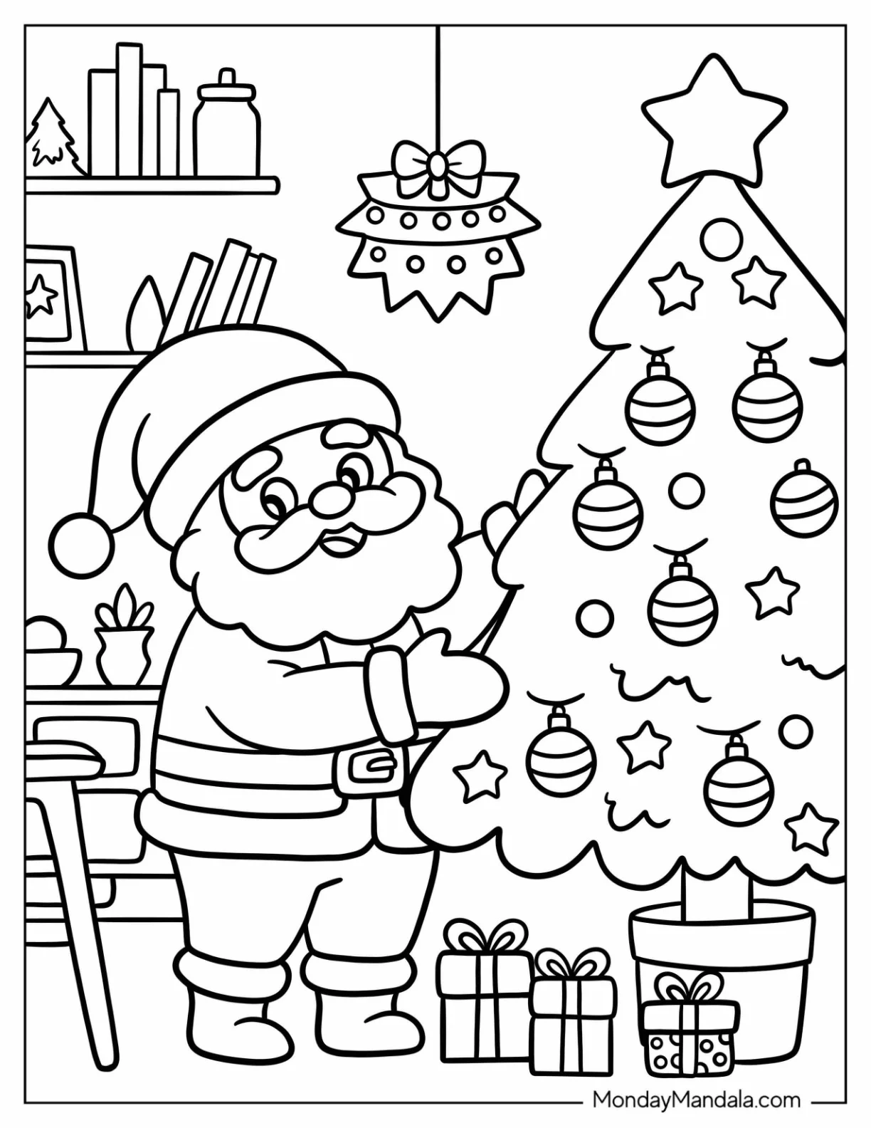 Santa Coloring Page of Claus Decorating Christmas Tree Indoors with Gifts and Ornaments for Kids coloring page