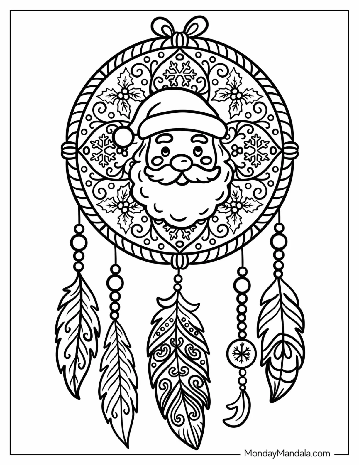 Santa Coloring Page of Claus Dreamcatcher with Feathers and Holiday Patterns coloring page