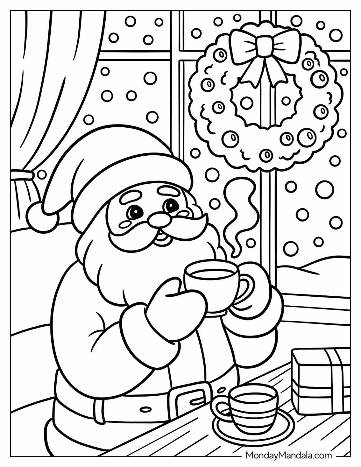 Santa Coloring Page of Claus Drinking Hot Cocoa Indoors on a Snowy Day coloring page — printable line art