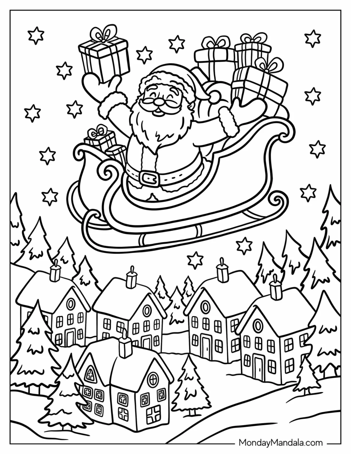 Santa Coloring Page of Claus Flying Over Town in Sleigh with Christmas Gifts coloring page — printable line art