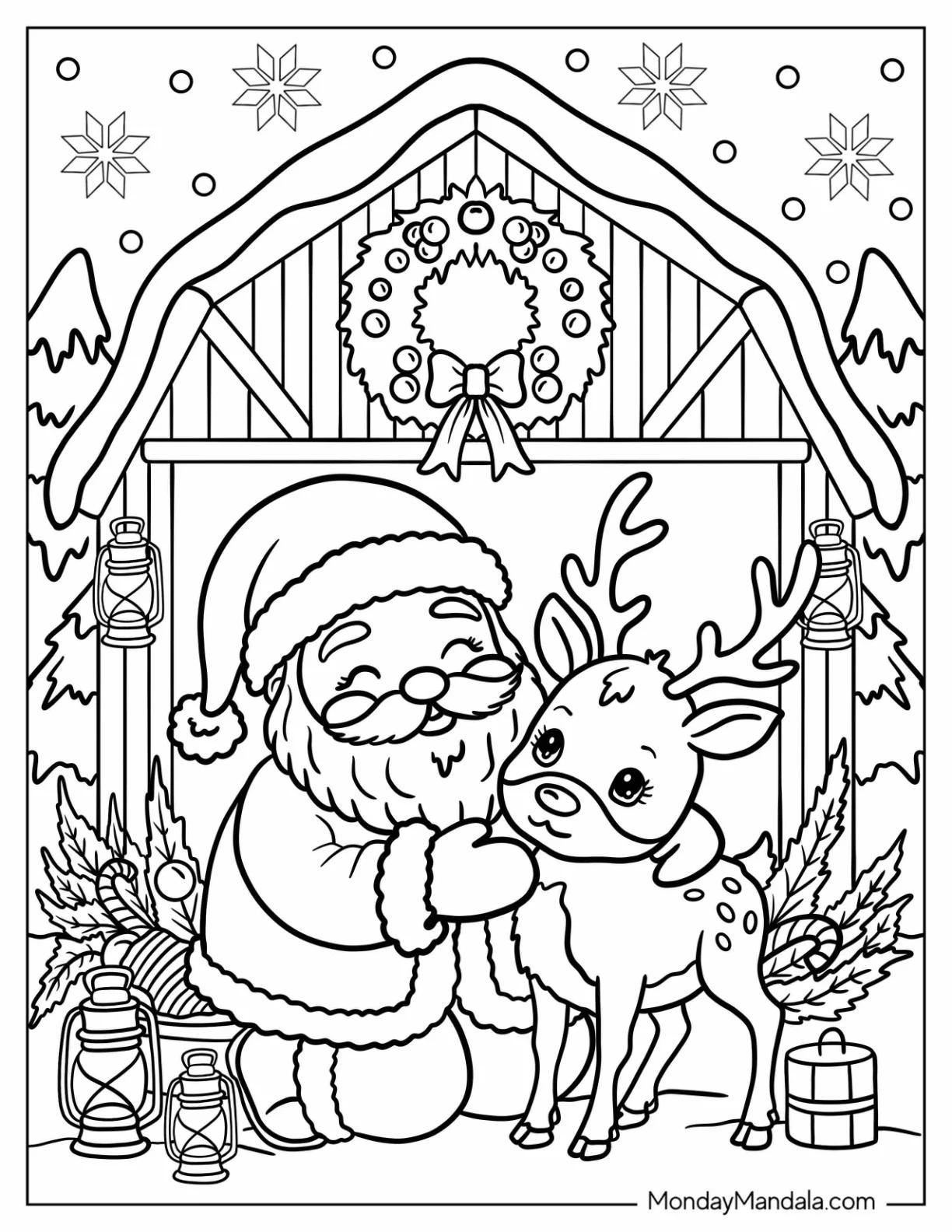 Santa Coloring Page of Claus Hugging Reindeer in Front of Christmas Barn coloring page — printable line art