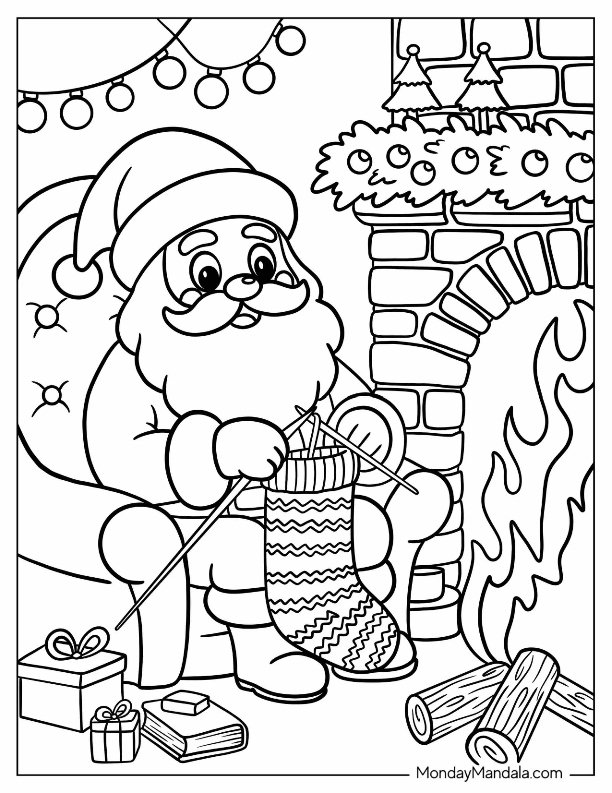 Santa Coloring Page of Claus Knitting a Christmas Stocking by the Fireplace coloring page — printable line art
