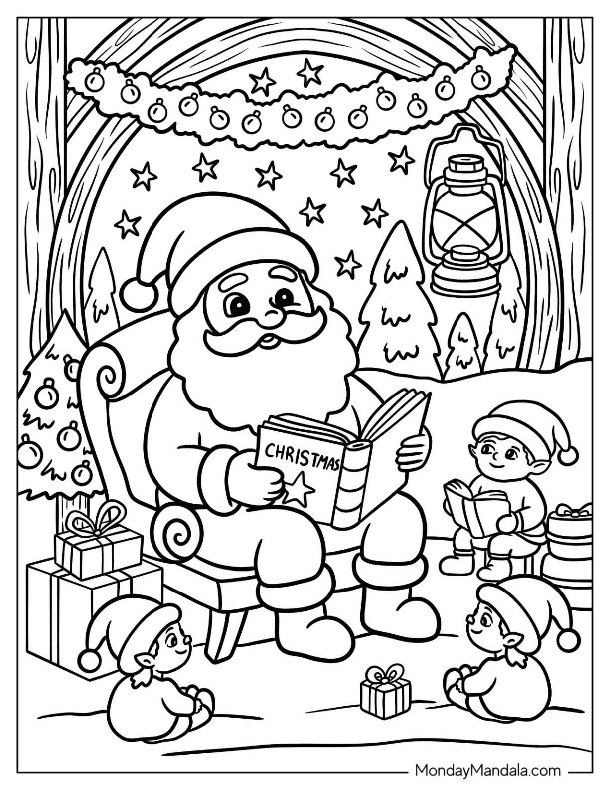 Santa Coloring Page of Claus Reading Christmas Story to Elves in Cozy Cabin coloring page — printable line art
