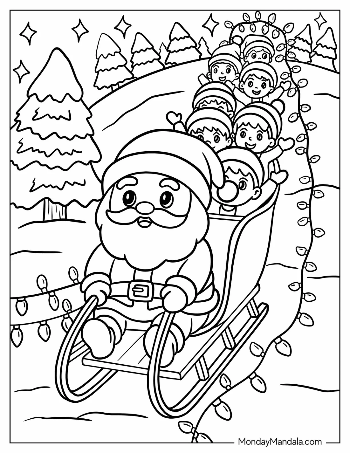 Santa Coloring Page of Claus Riding Sleigh with Elves Down Snowy Hill coloring page