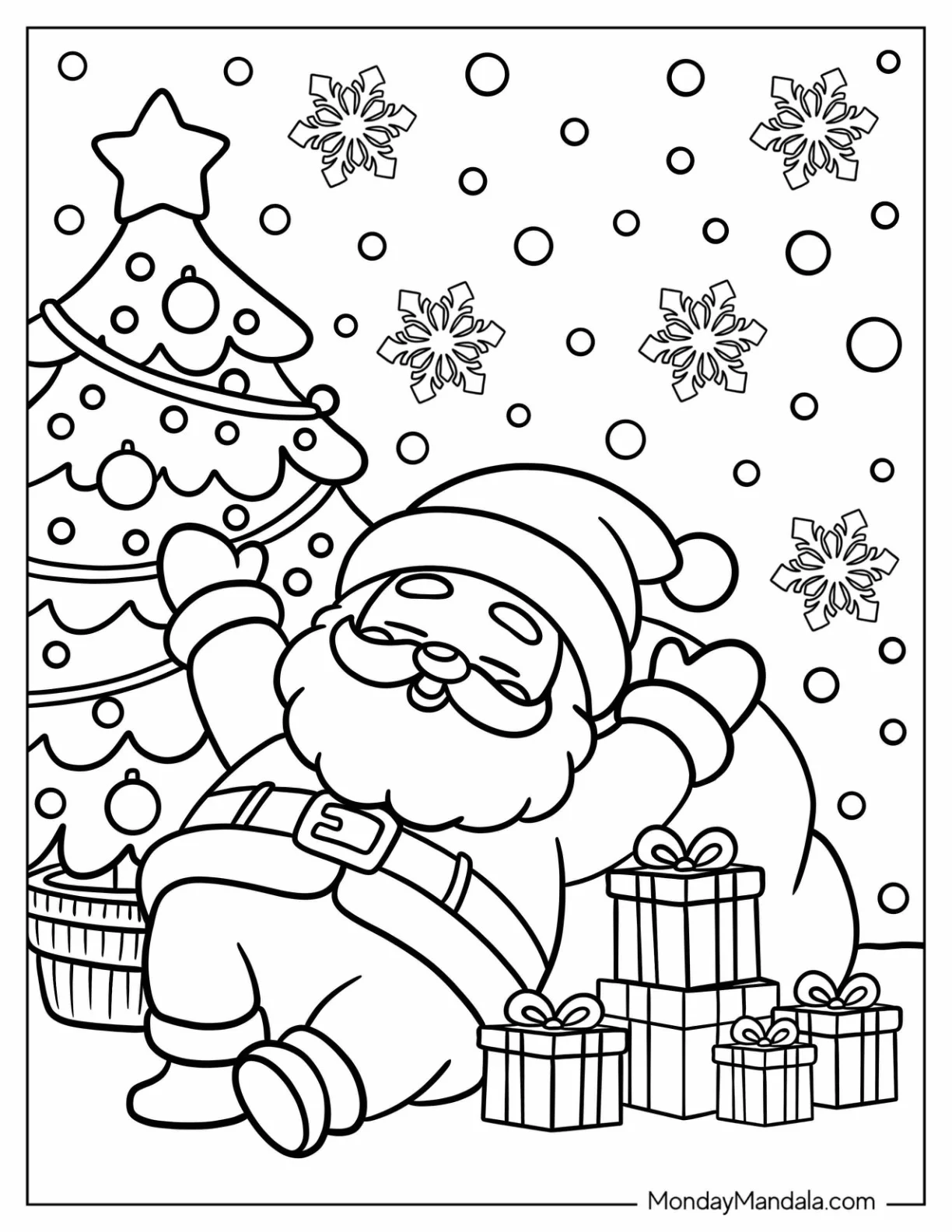 Santa Coloring Page of Claus Sitting with Gifts Under Christmas Tree for Kids coloring page