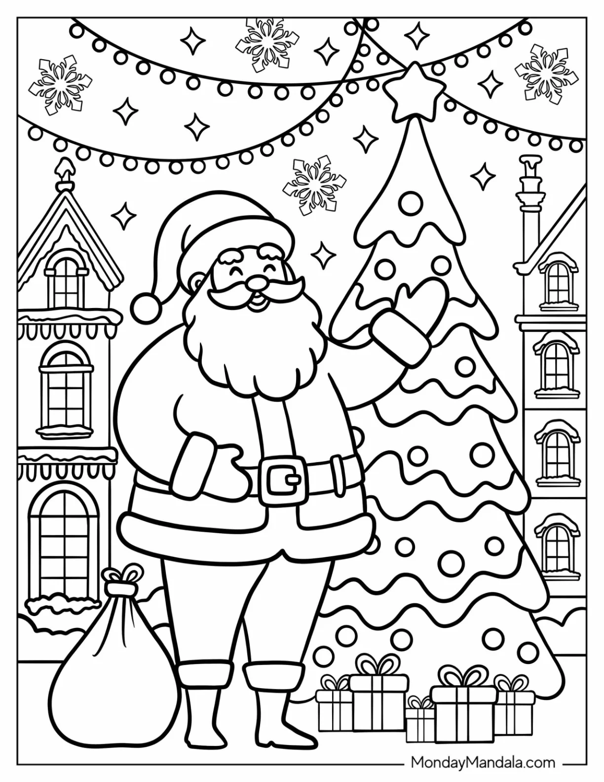 Santa Coloring Page of Claus Standing Beside Decorated Christmas Tree with Gifts coloring page — printable line art