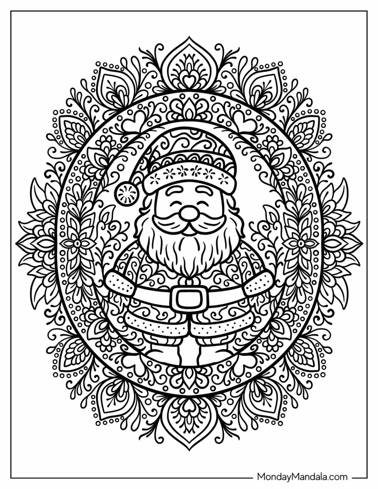 Santa Coloring Page of Claus Surrounded by Elegant Mandala Flowers and Leaves coloring page — printable line art
