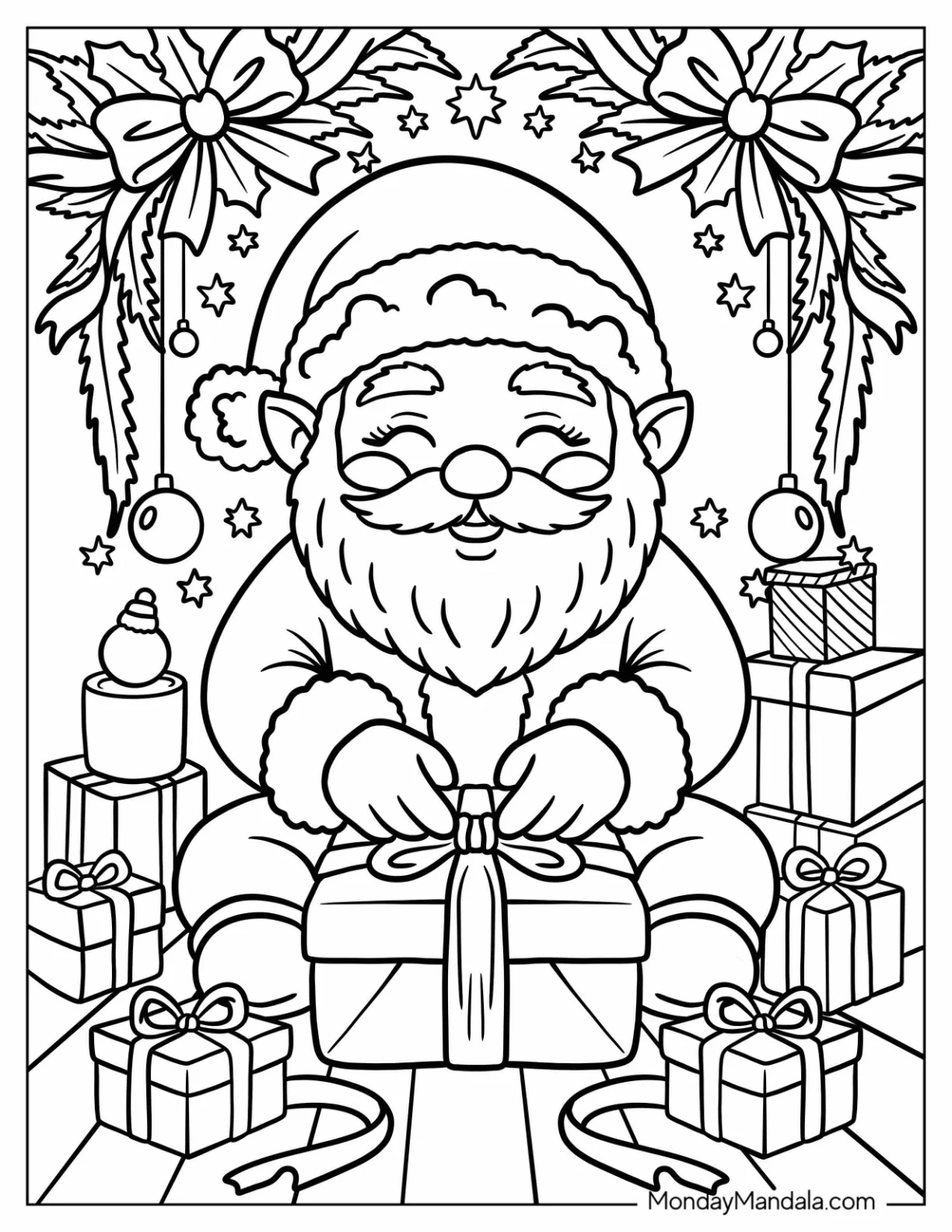 Santa Coloring Page of Claus Wrapping Christmas Gifts Surrounded by Presents coloring page — printable line art