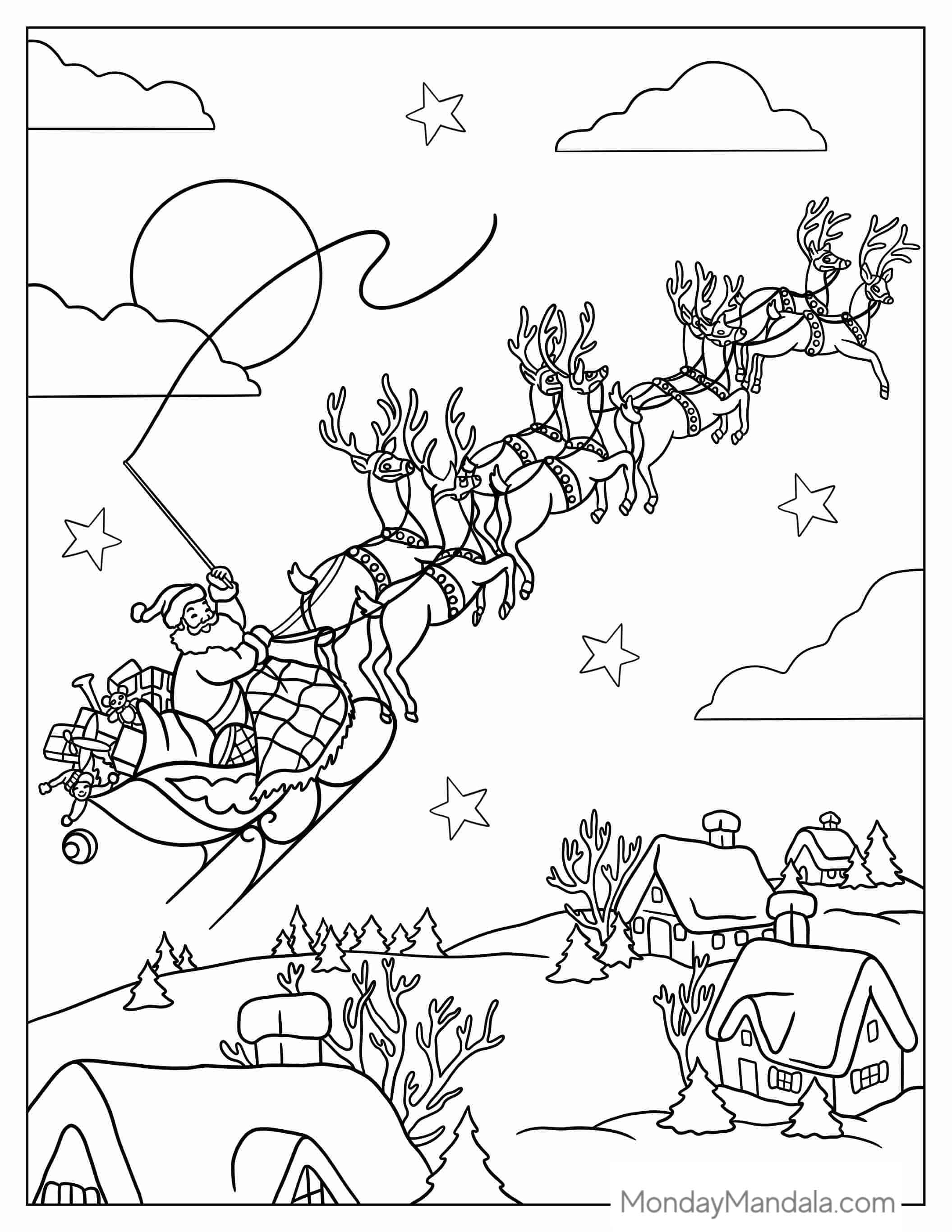 Santa Flying In The Sky With His Reindeer To Color coloring page