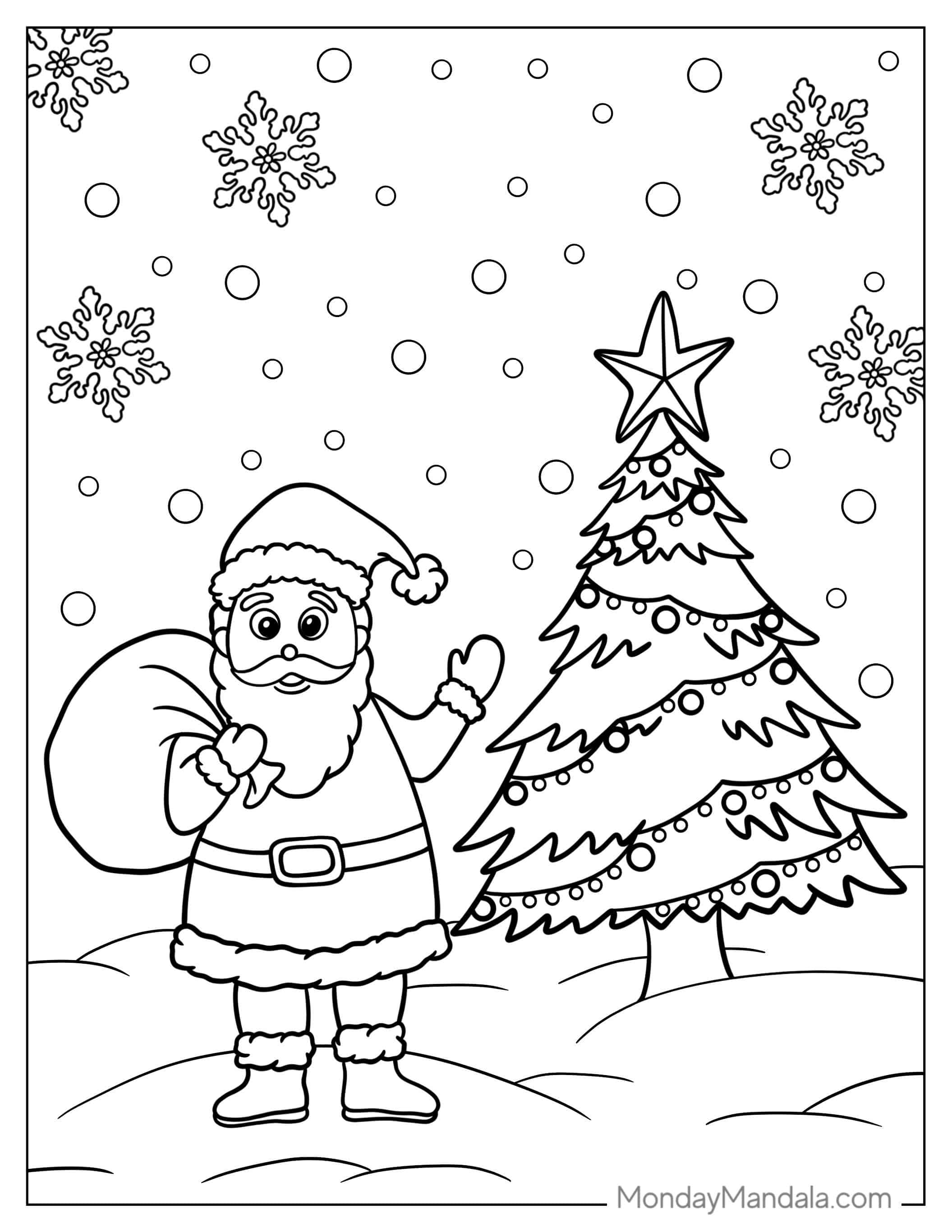 Santa Holding Sack Of Presents Next To Christmas Tree coloring page