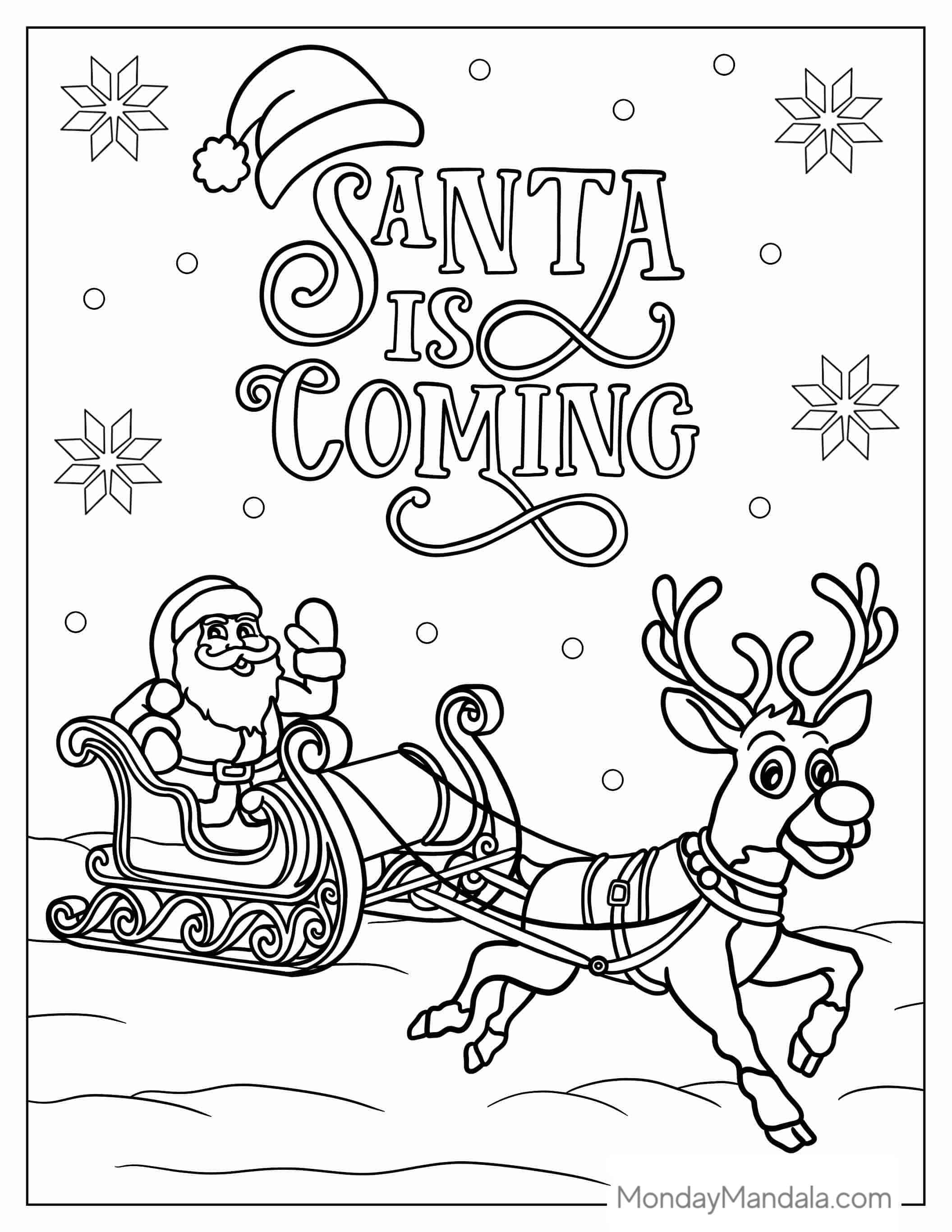 Santa In His Sleigh With Rudolph To Color coloring page