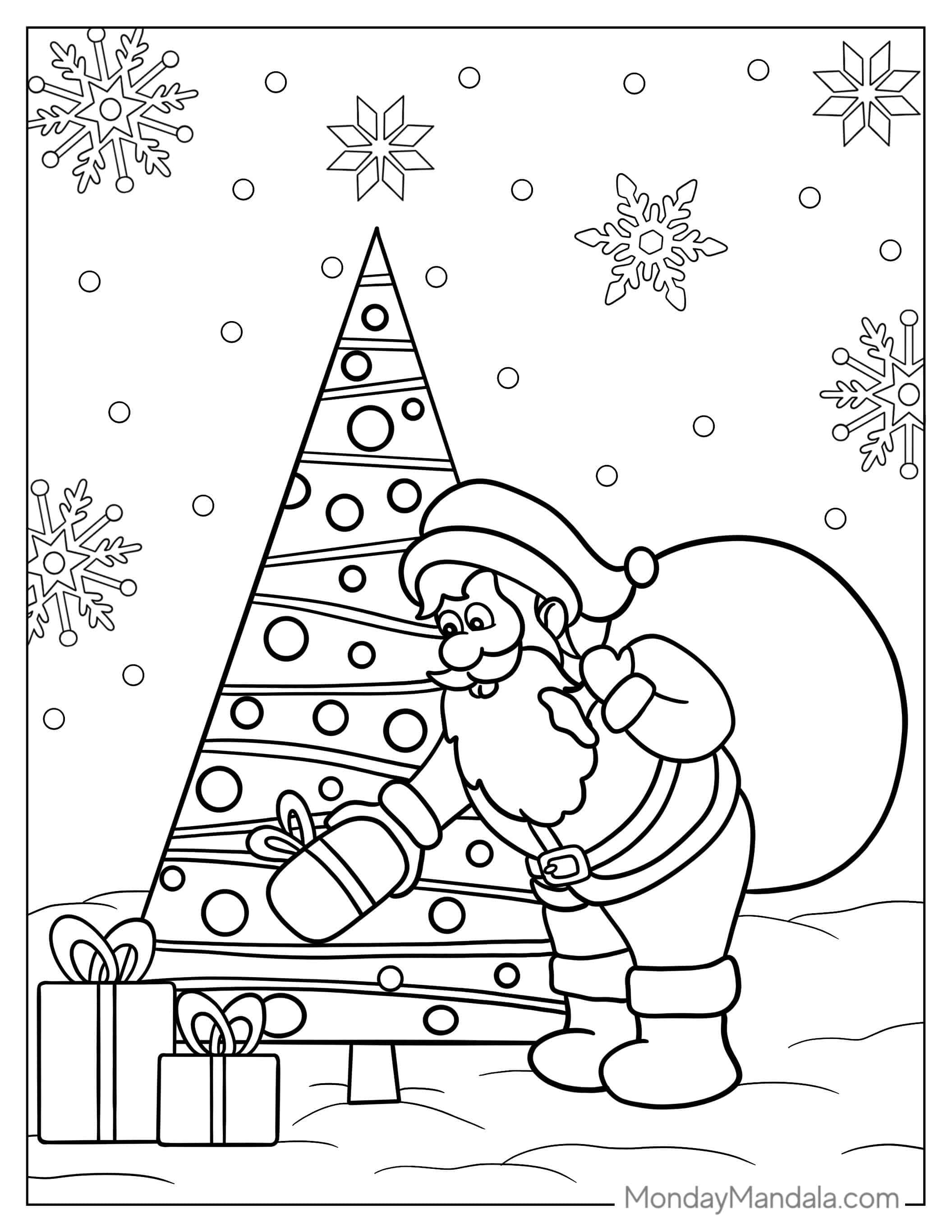 Santa Putting Gifts Under The Tree While Snowing coloring page