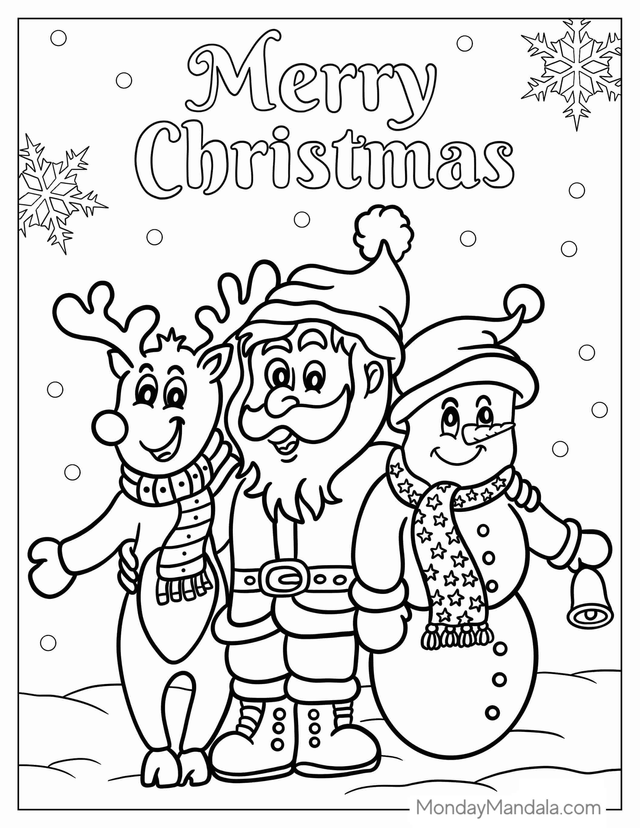 Santa With Rudolph And Snowman To Color coloring page