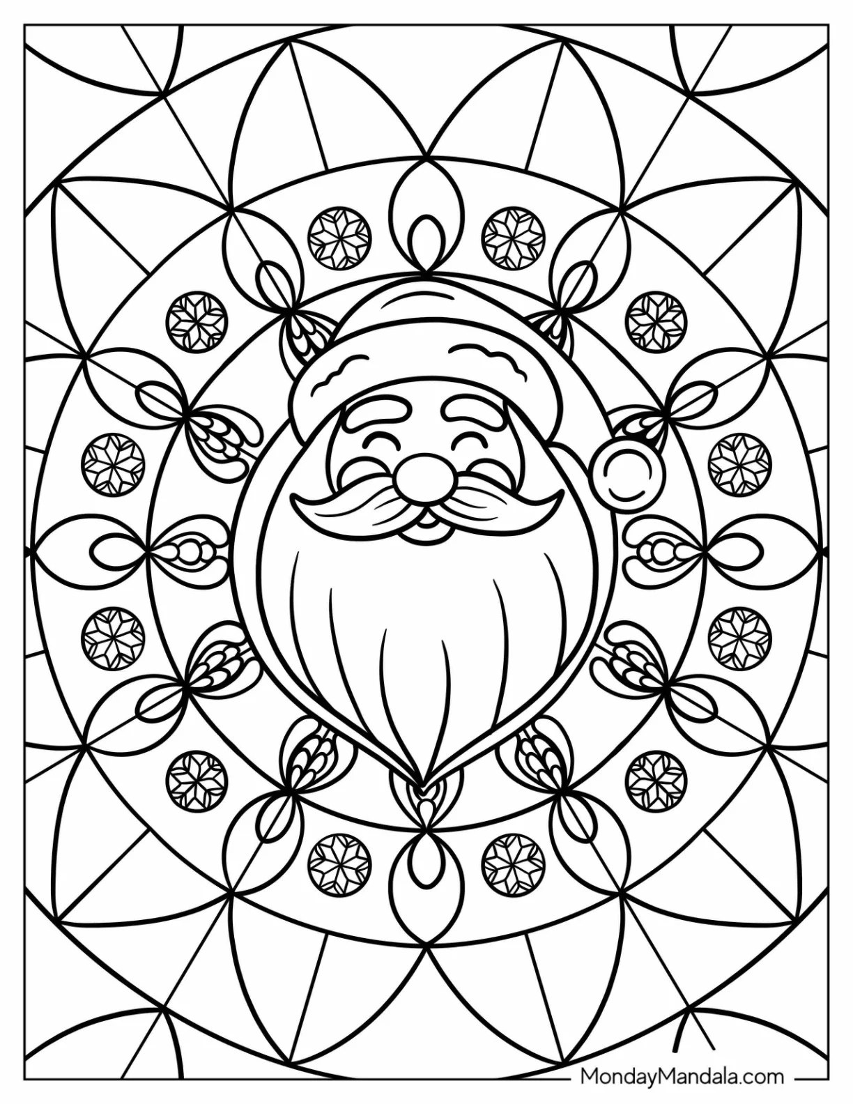 Smiling Santa Surrounded by Holiday Mandala Pattern coloring page