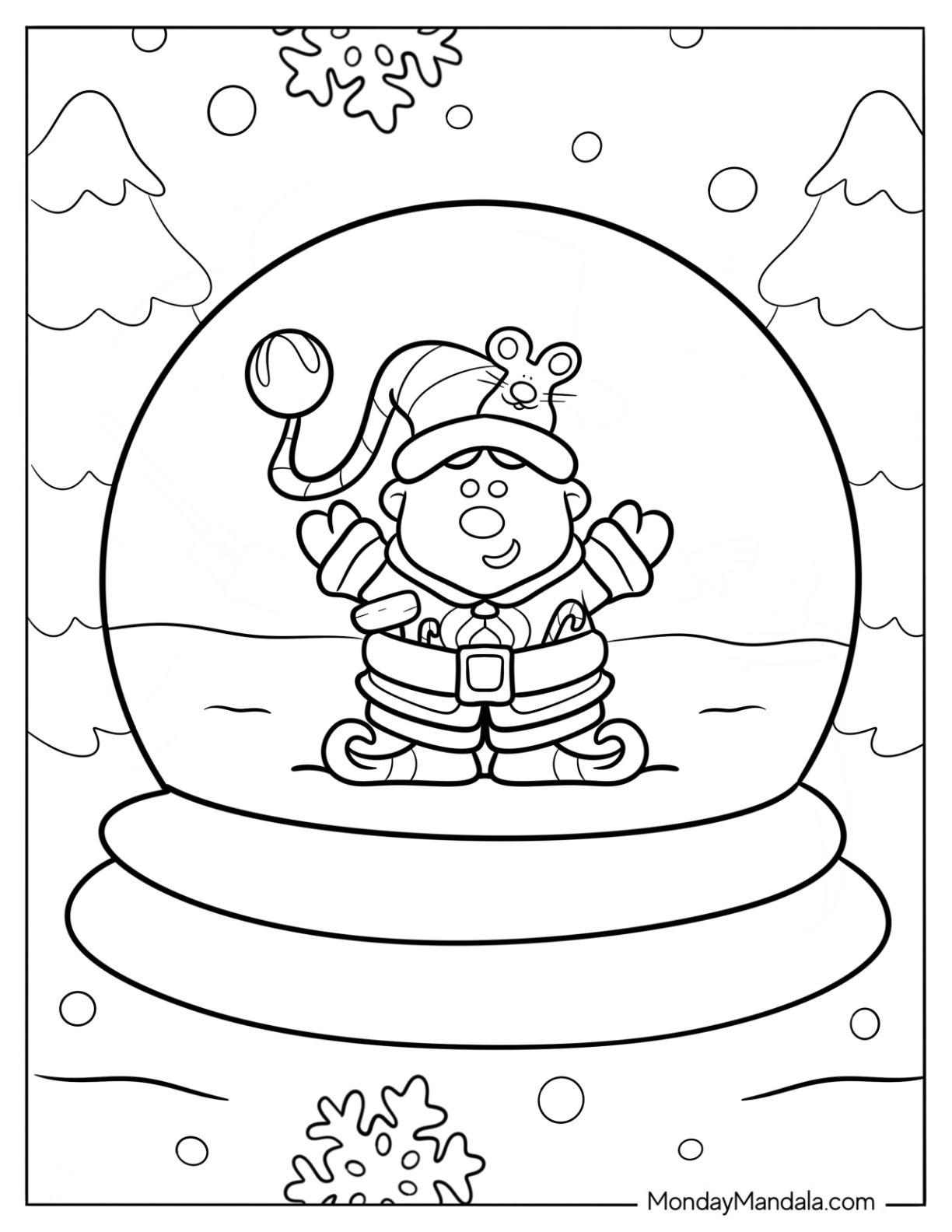 Cheerful Elf Snow Globe Coloring Page coloring page